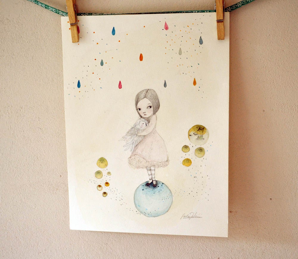 Sofi and the Owl, Original watercolor pencil illustration