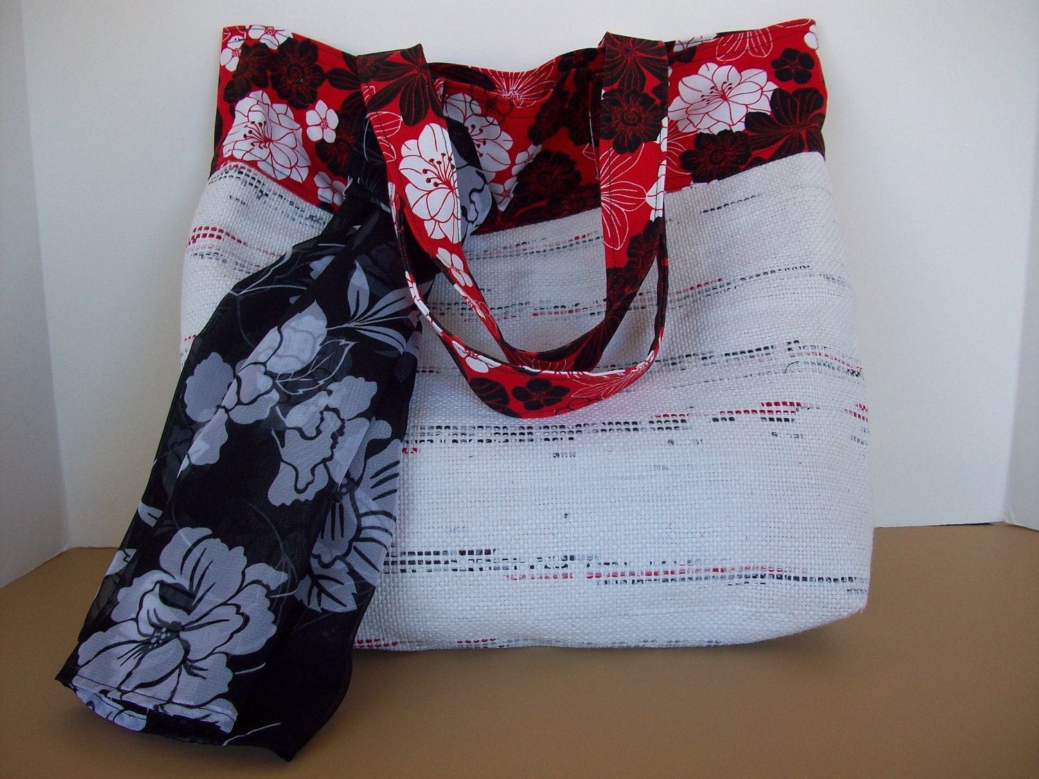 Red, White and Black Floral Woven Tote of recyclable shopping bags - Medium