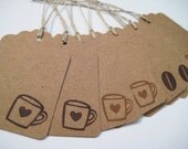 Coffee lover gift tags, hand stamped kraft tags, set of 8