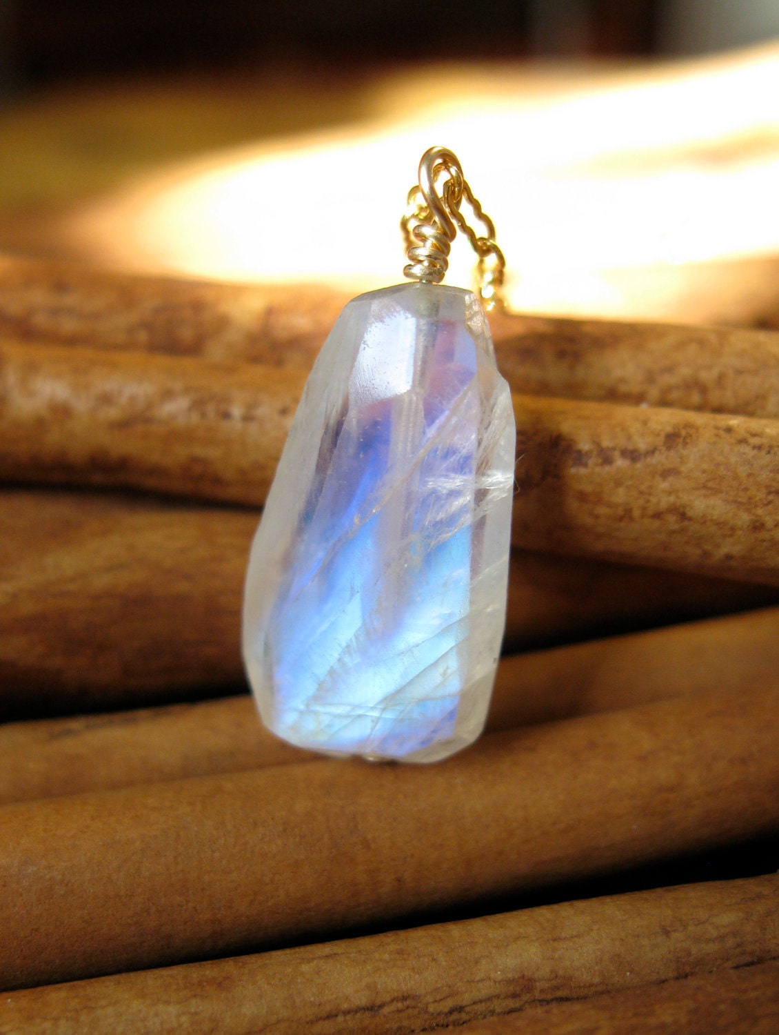 Rainbow Moonstone Nugget, Gold Necklace