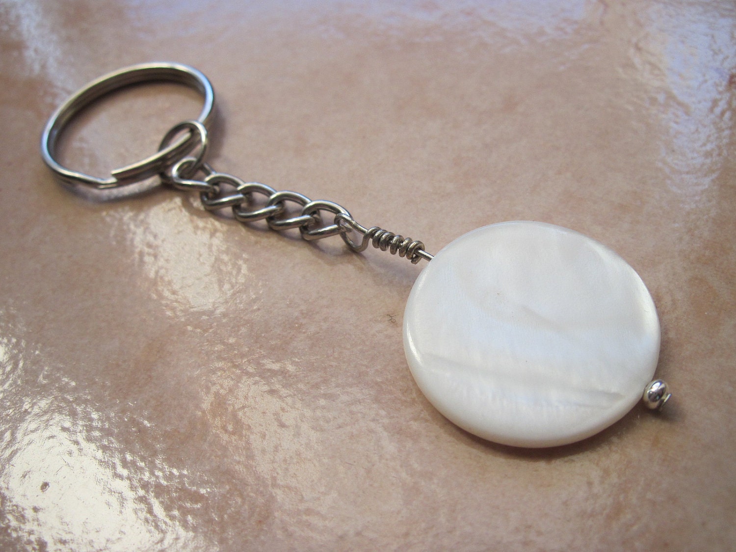 Men key chain, pure white Mother of pearl disk woman keychain, gift for him under 15 valentines day