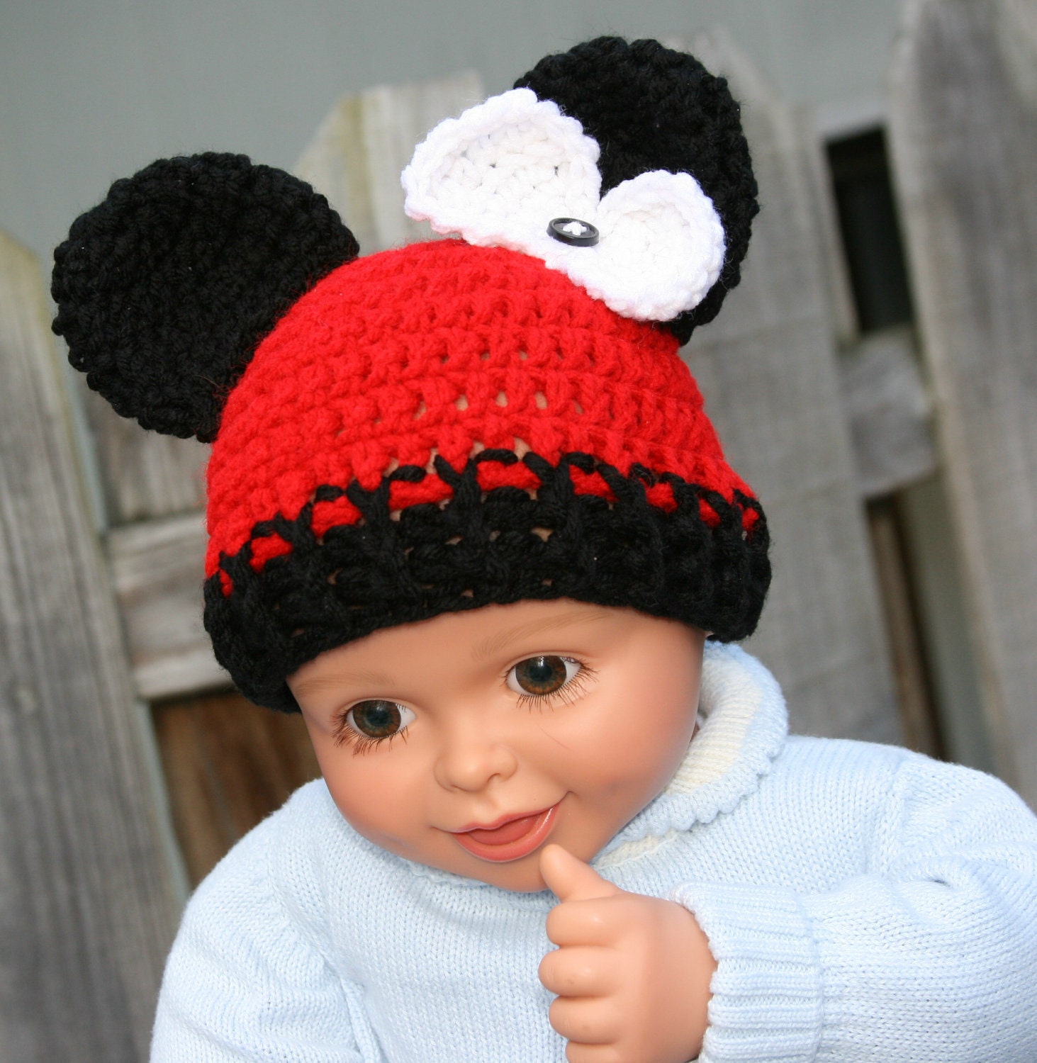Baby bear hat crochet in newborn size 0-3 months black and red with white bow accent Custom available.