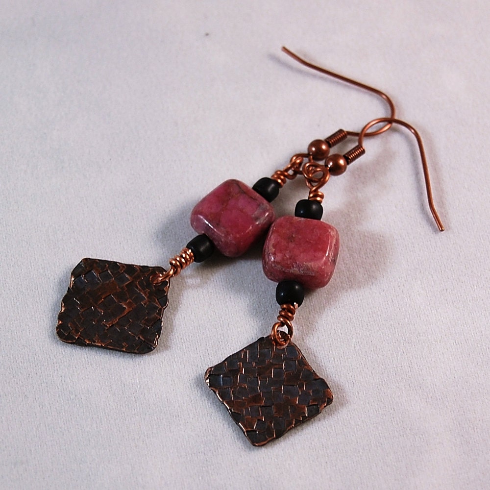 Pink Rhondite Earrings, Copper Earrings, Copper Jewelry
