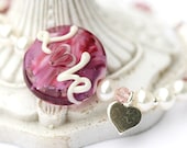 Pink bracelet Valentines day gift - LOVE heart lampwork glass bead and pearls on sterling silver