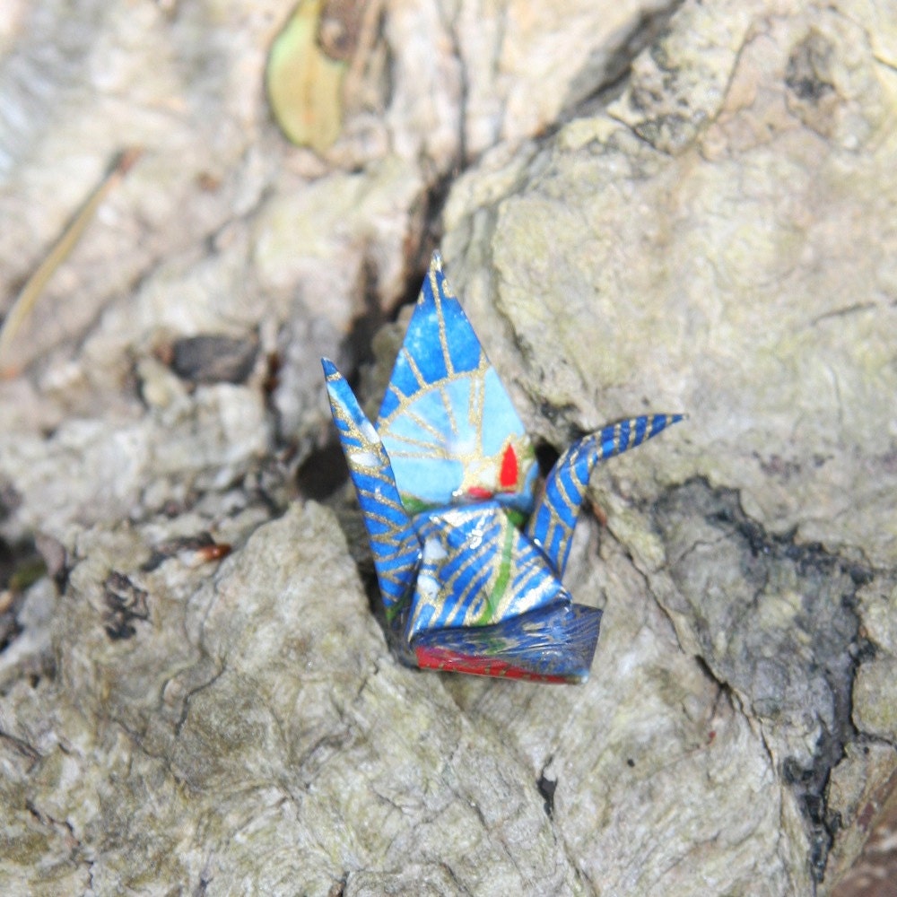 Origami Crane Broach - Bright Blue with Gold and Red Waves
