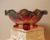 BEAUTIFUL vintage Carnival Glass Footed Ruffled Bowl CHERRY Red with Leaf Pattern by Imperial Glass