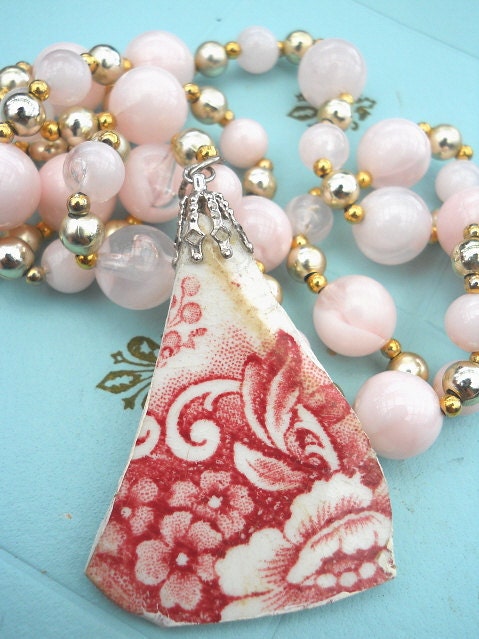 Vintage Old Pottery Shard OOAK Necklace  Pink Glass Beads Free Shipping US and Canada
