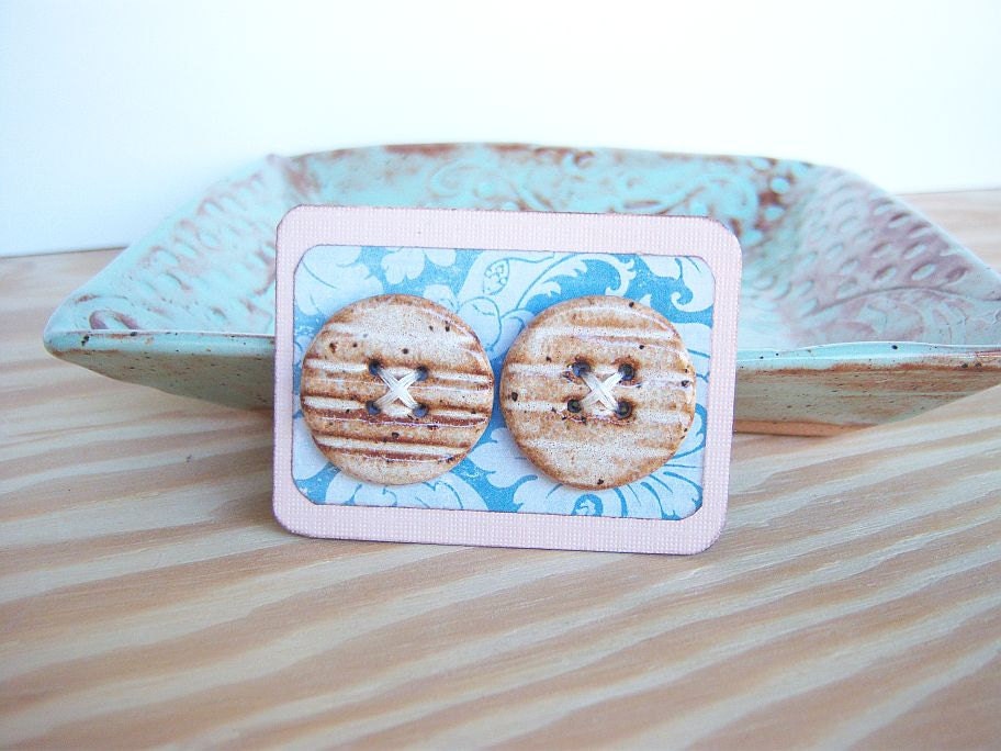 Round Speckled Tan Stoneware Buttons - Set of 2