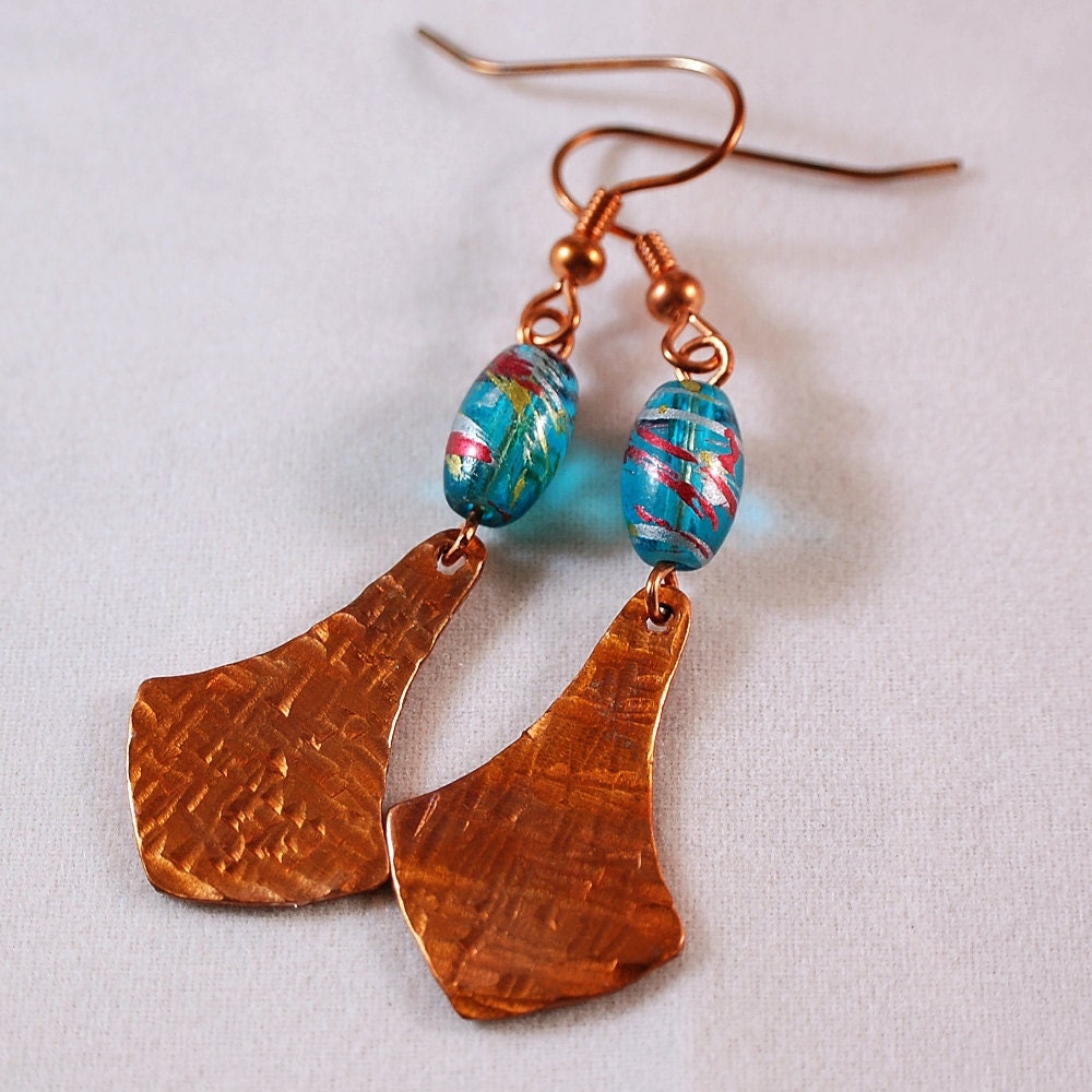 Hammered Copper Earrings Teal Silver and Red Glass Bead