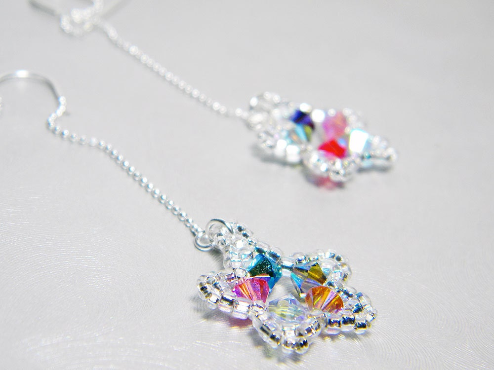 Swarovski Crystal Custom Beaded Star Threader Earrings  Beadweaving Sterling Silver - "Shining Star"