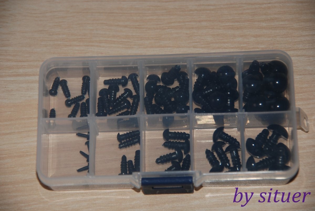 Collection of 4 6 8 10 12mm Solid Black Safety Eyes&Nose for crochet doll-totally 25 sets