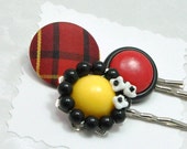 Black Red and Yellow Bobby Pin Set Eco-Friendly Upcycled Vintage - emmjeyessvintage