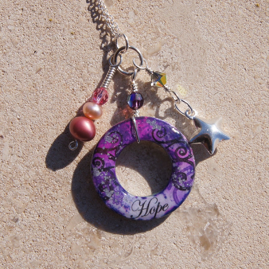 Hope Stamped Charm Necklace Statement Jewelry 'Hope' Handmade OOAK 'Circles of Inspiration' Charm Necklace
