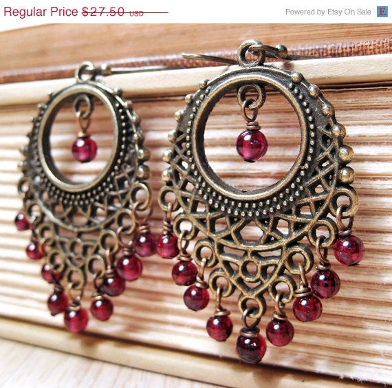 SALE Bohemian Garnet Earrings . Antiqued Brass Wine Red Boho Chandelier Earrings