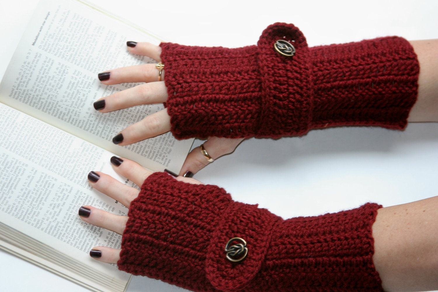 Arm warmers, fingerless gloves, gauntlets crochet in burgundy with button strap.