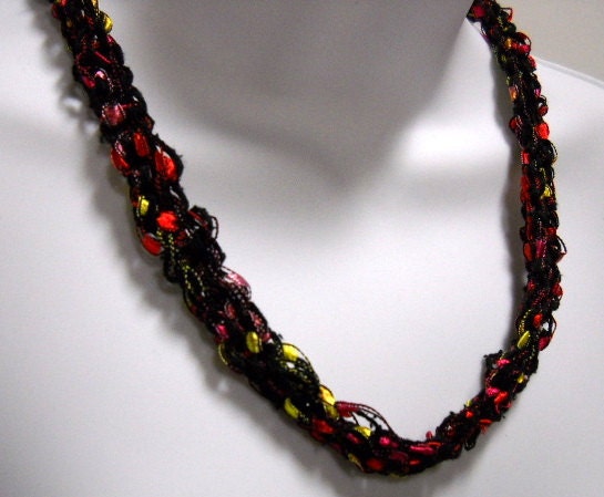 Fiber Necklace /Knit With Black Silk /Ruby Pink and Gold Flecks