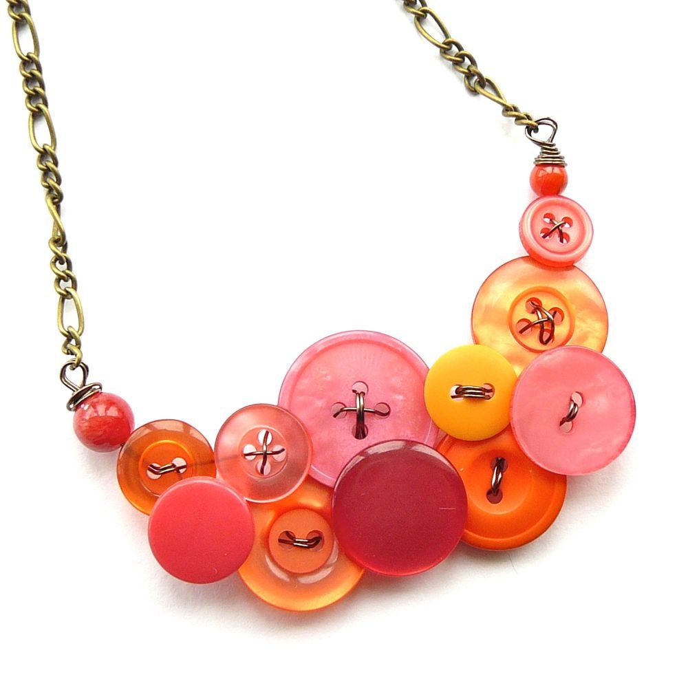 Tangerine Orange and Coral Pink Vintage Button Bright Funky Statement Necklace - summer - buttonsoupjewelry