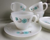 Vintage Milk Glass Cups Saucers Fire King Turquoise Flower 5 Sets