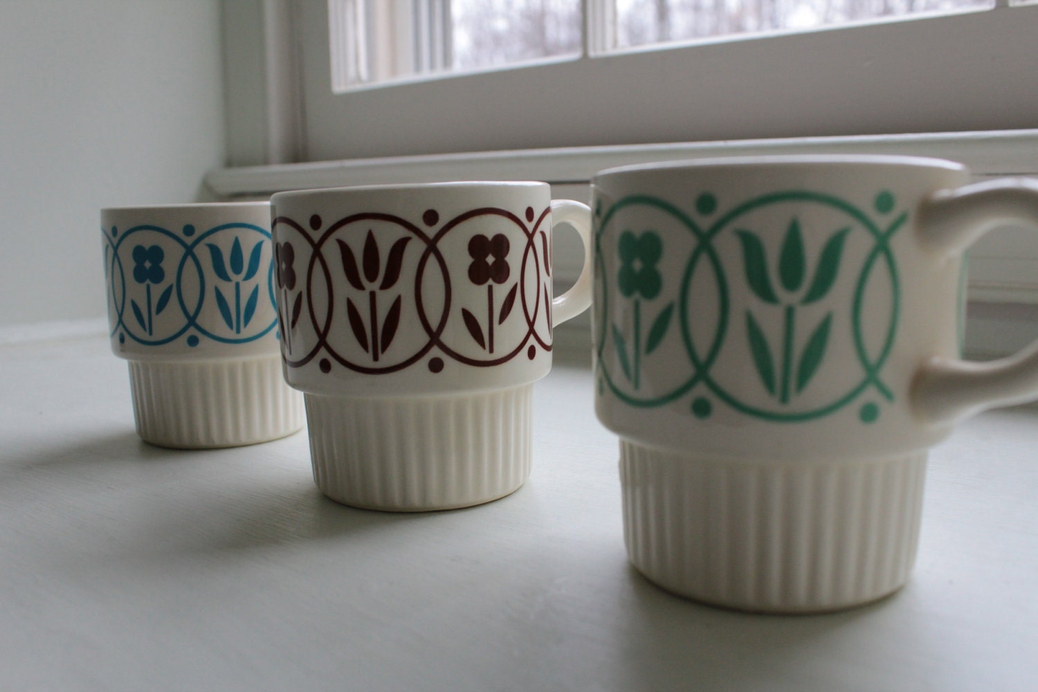 Vintage Ceramic Mugs Stackable Floral