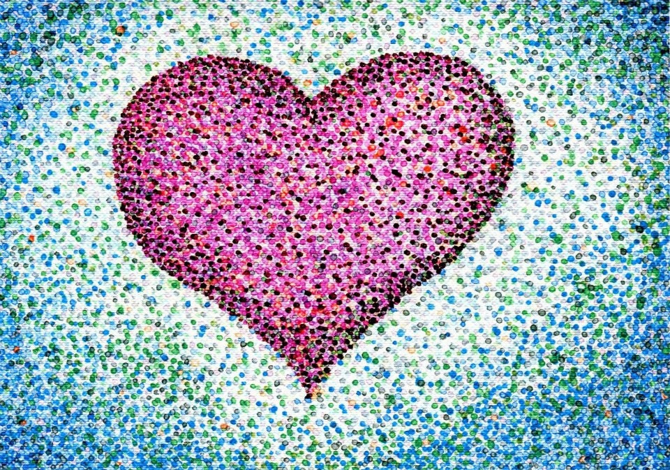 Pointillism Heart Card, 5x7 Art Print, Pink and Blue Dots