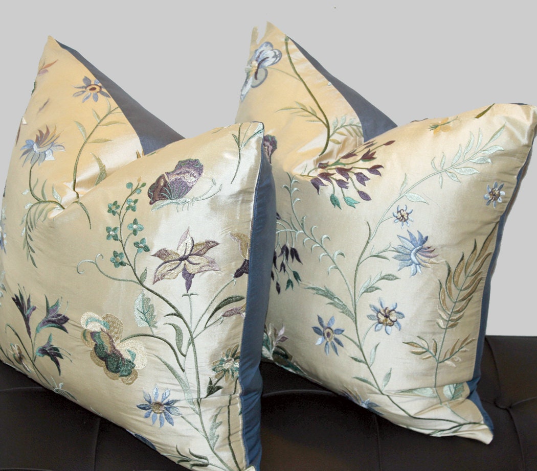 Pair of 18 inch Square Blue Flower Butterfly Silk Embroidered Pillow Covers