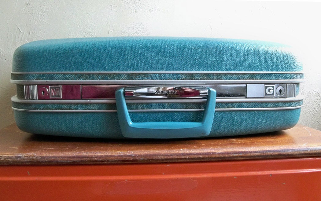 1960's Samsonite Silhouette Suitcase Blue -Turquoise - With Initials "M G"
