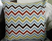 As Seen in HGTV MAGAZINE -  Decorative Pillow Cover - Chevron Stripe - French Blue, Brown, Chartreuse - 18 " Square
