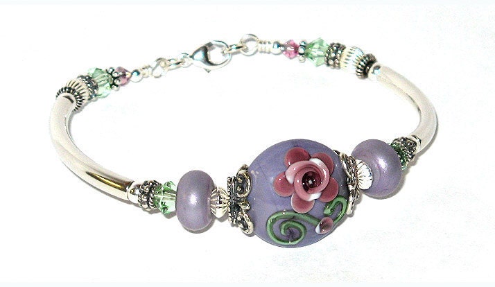 FINAL CLEARANCE Dusky Rose - Lampwork Glass Sterling Silver Bangle Bracelet