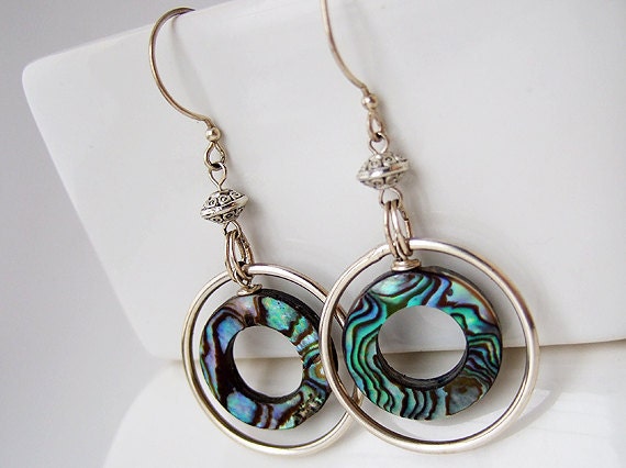 Abalone Earrings, Abalone Shell Earrings, Silver Hoops