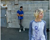 SALE - Girl in Every Port - unisex tshirt - MEDIUM - nautical anchor screen print on long sleeved raglan henley t shirt
