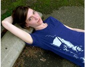 SALE - Scarlet Street - womens t shirt - SMALL - film noir screenprint on American Apparel heather indigo track tees
