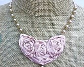 Angel Kiss- sweet necklace with trio of Silk Roses, Vintage Blue Glass drop, Vintage Glass pearls, and braided Satin ties.