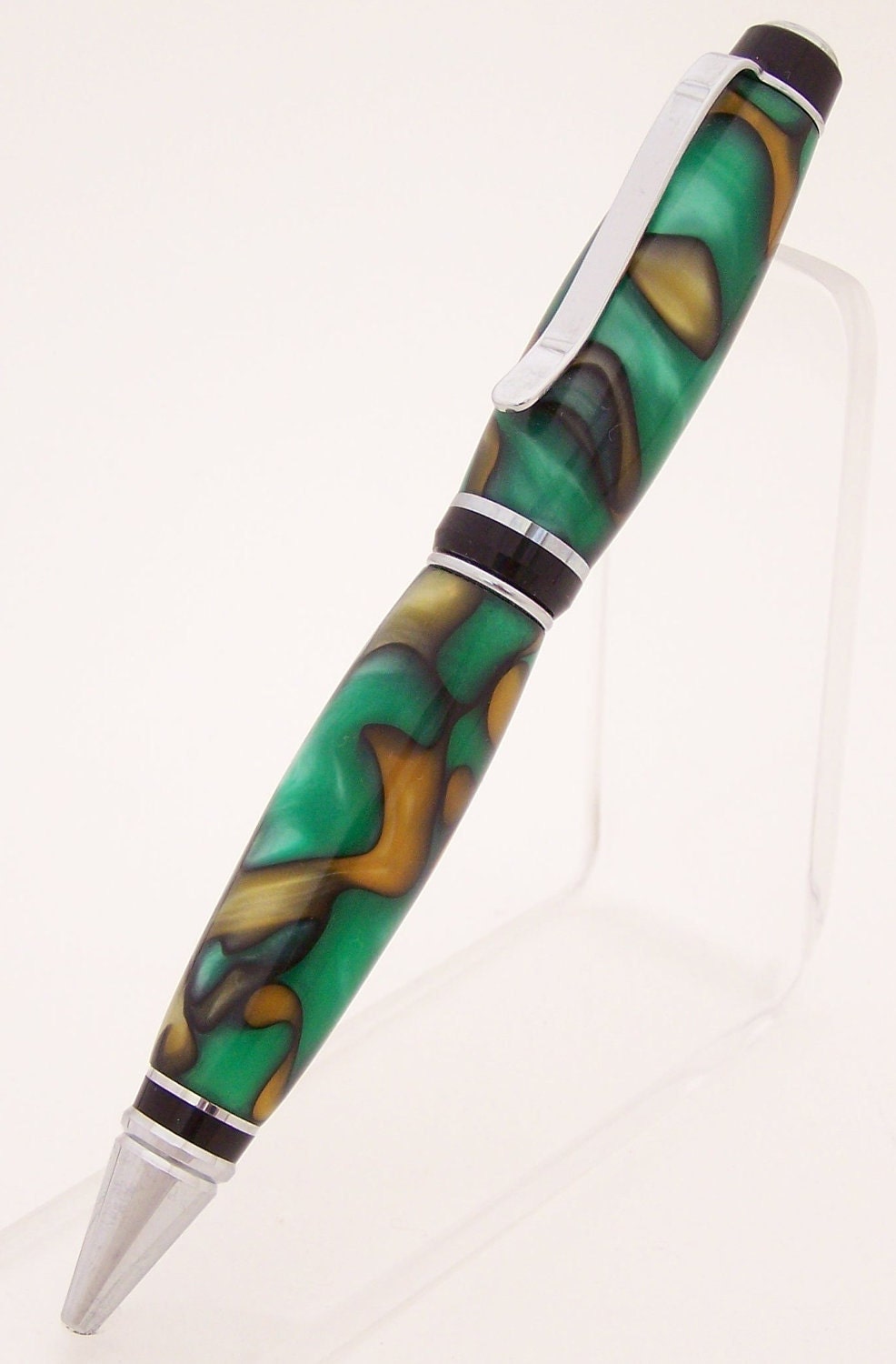 Green and Gold Swirl Acrylic Cigar Style Ballpoint Pen (Handmade in USA)