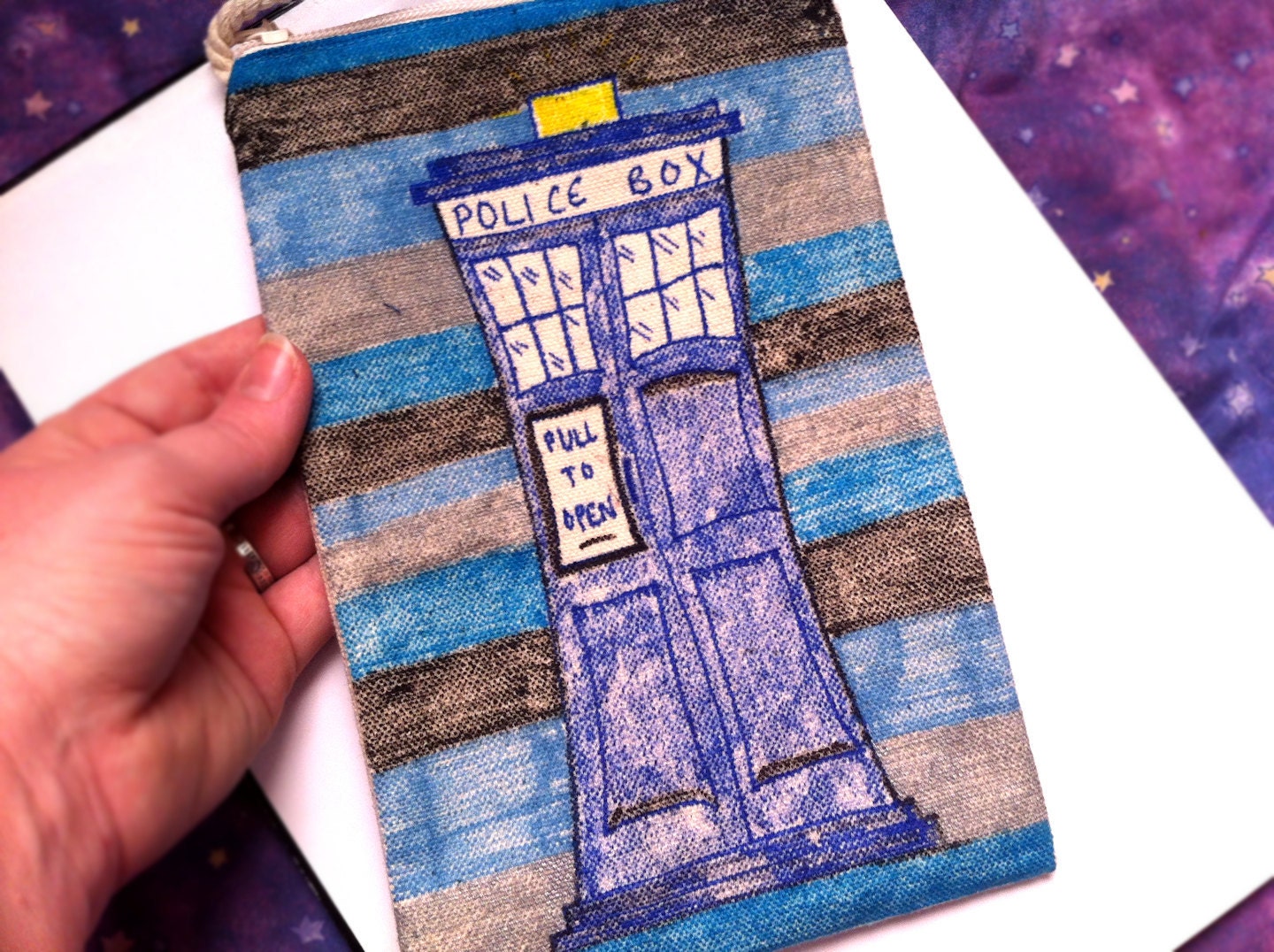 Doctor Who Inspired TARDIS Bag, Blue Striped Canvas Police Box Purse, Wallet, Cosmetic Bag, OOAK