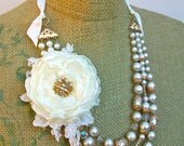 Wintertide-  tie necklace with Vintage beads, and handmade flower