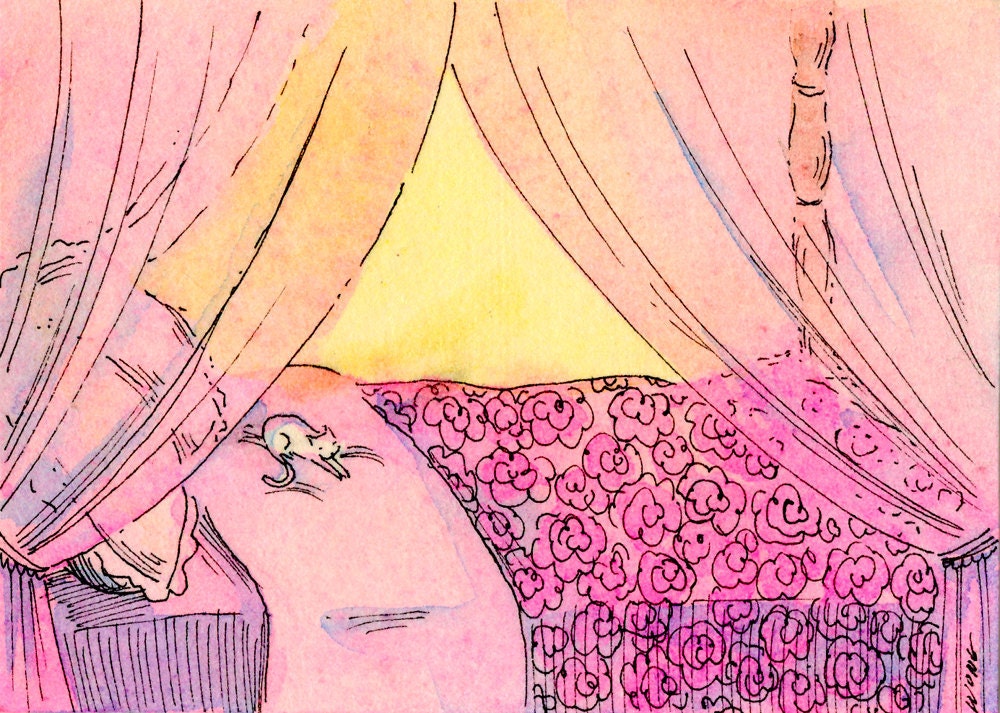 Original ACEO Painting -- Princess bed