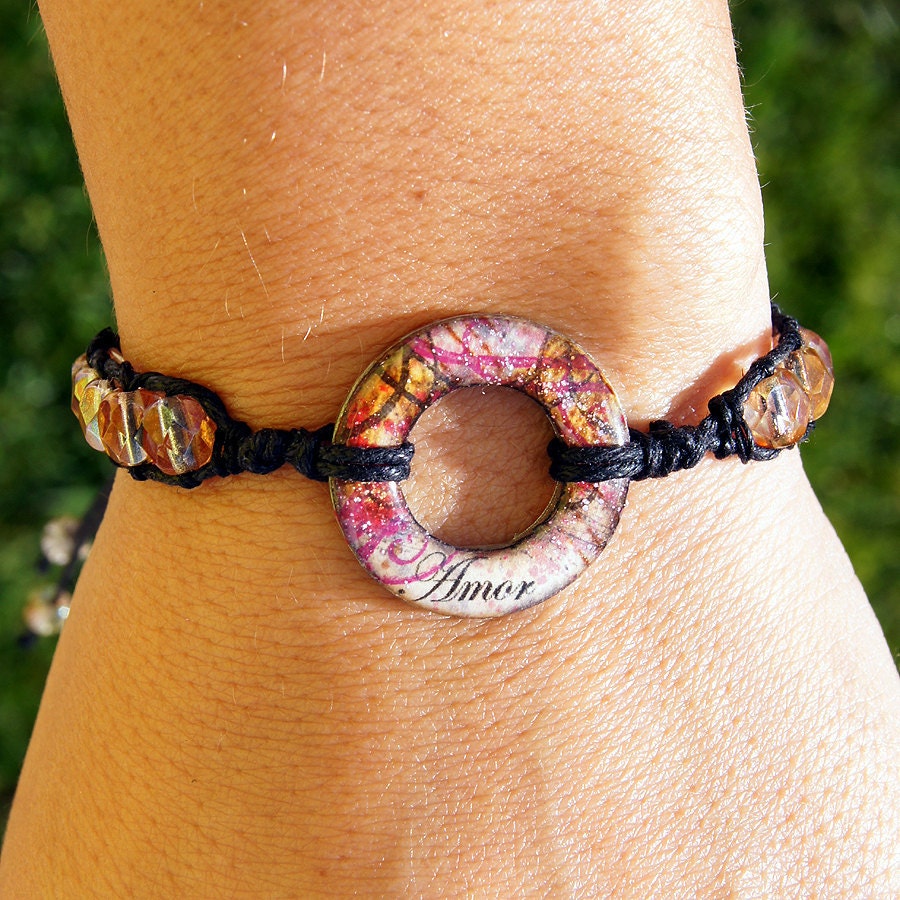 Love Bracelet Macrame Beaded Handmade One of a Kind 'Circles of Inspiration' Hand Stamped Art Charm