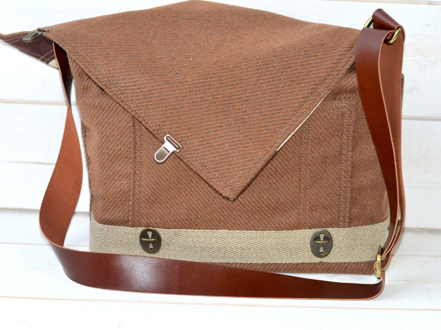 Unisex French Messenger bag for 13 inches Macbook air Cinnamon Brown and gray with brown Leather strap