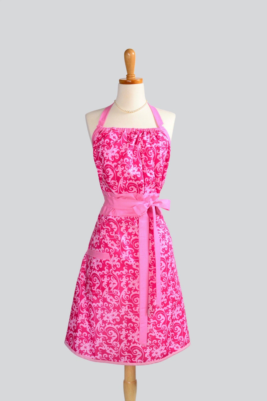 Cute Kitsch Apron - Modern Design in Soft Pink Damask Scrolls