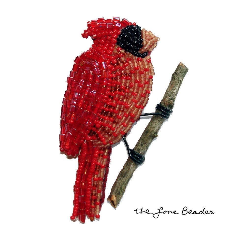 NORTHERN CARDINAL beaded holiday red bird pin / pendant