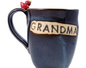 Blue GRANDMA Mug with Red Bird / Handmade Pottery Wheel Thrown Stoneware Clay / Ready to Ship