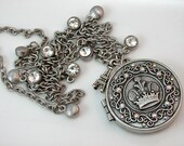 Crown Locket, Rhinestone Stud, Antique Silver, Paris Eiffel Tower