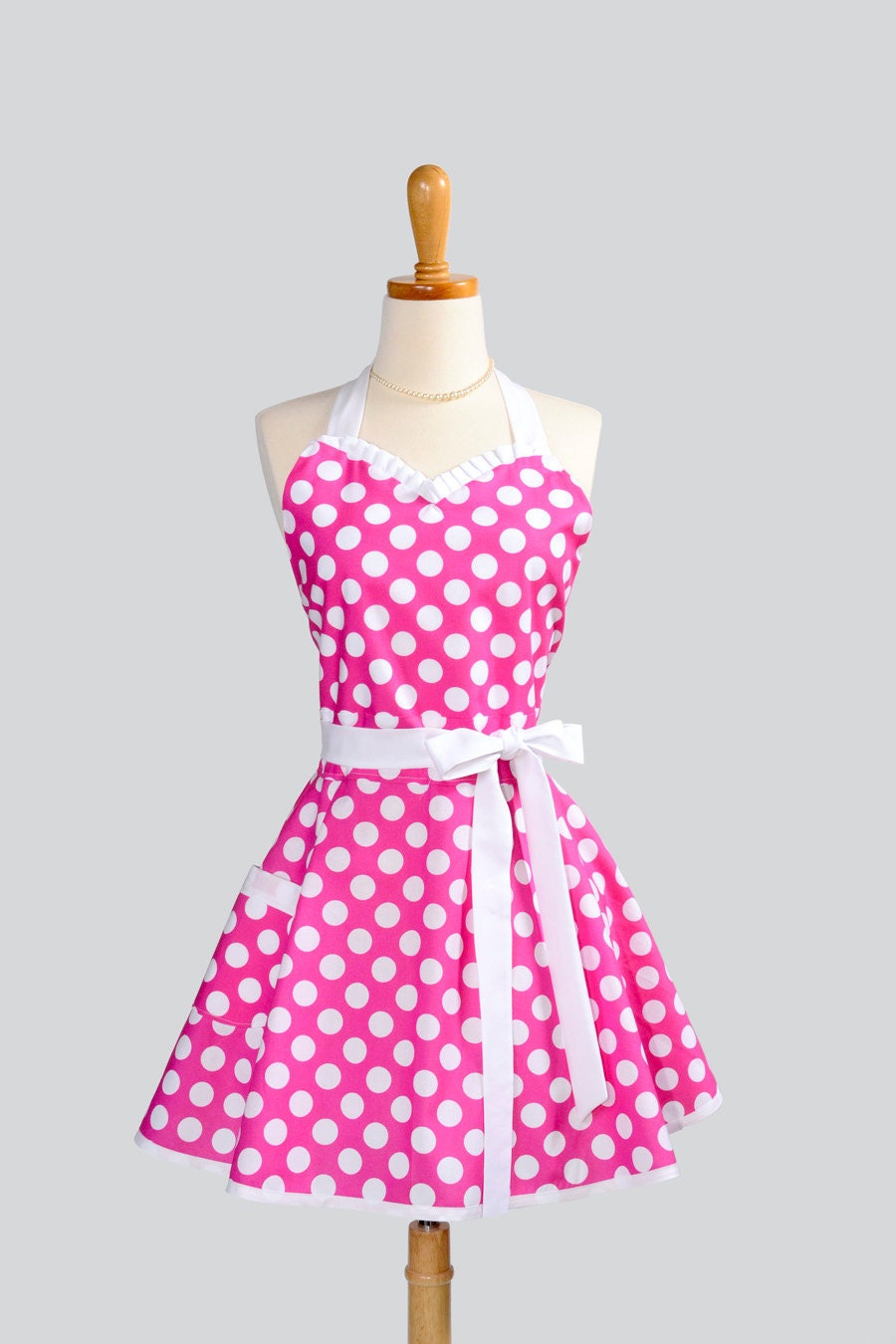 Womens Sweetheart Hostess Apron - Handmade Retro Pin-up Ruffled Hot Pink and White Large Polka Dot