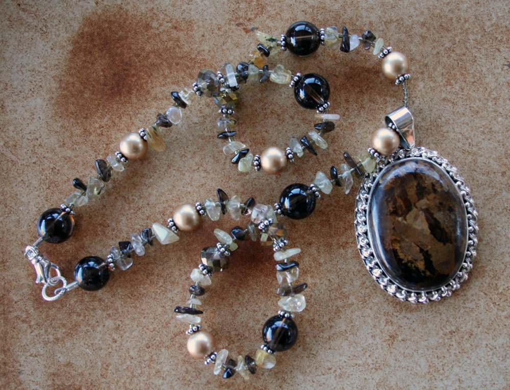 WINTERWOOD Necklace (Bronzite, Sterling Silver, Swarovski Crystal, Smoky Quartz, Golden Rutilated Quartz)