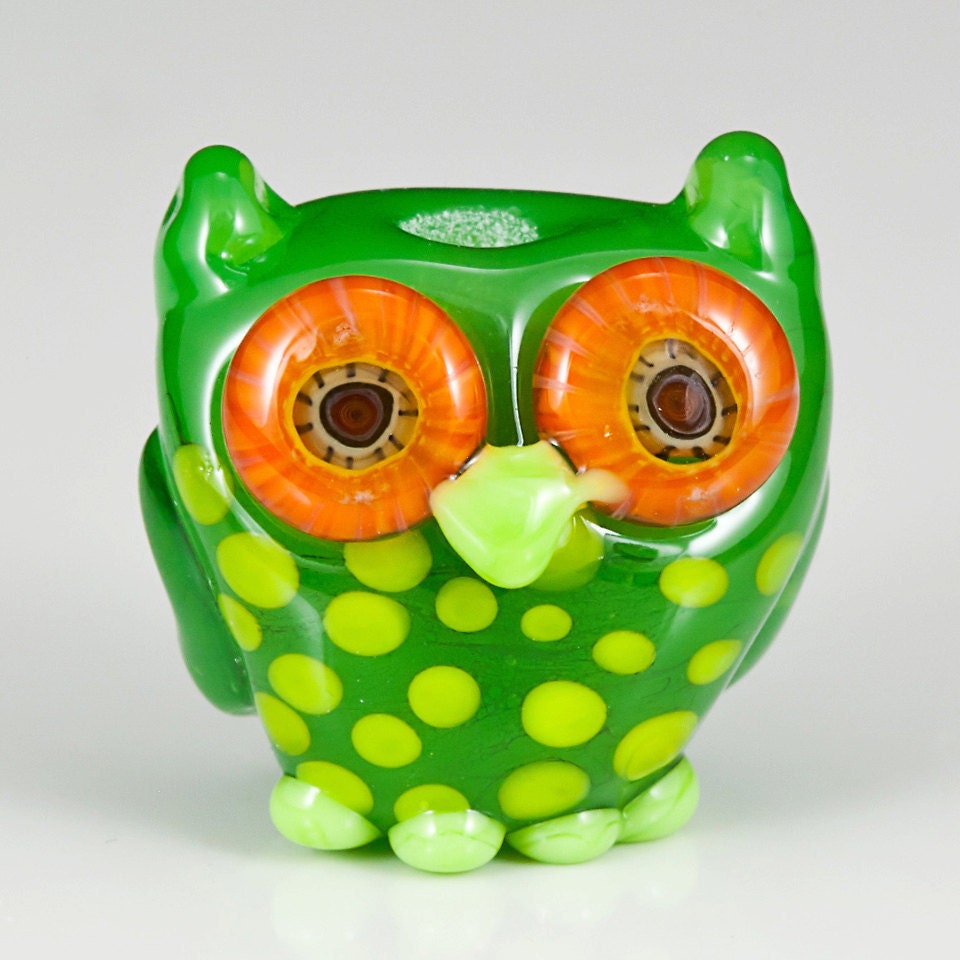 Green Orange Owl Lampwork Glass Bead