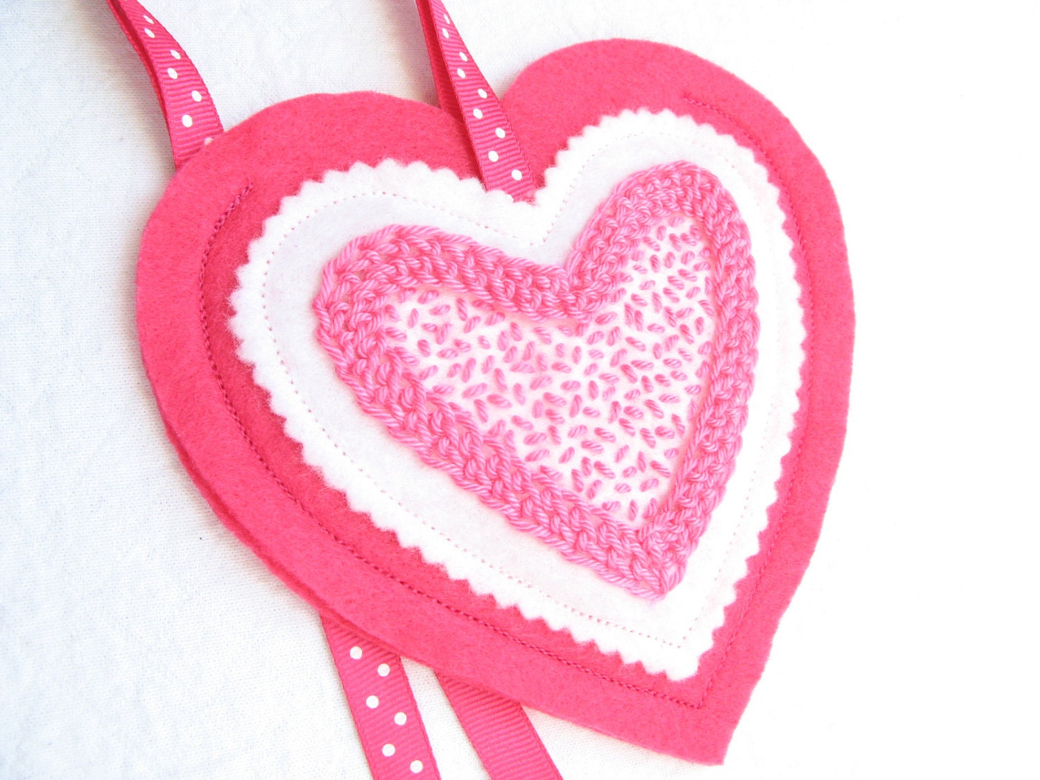Gift Bag Heart Ornament Bright Pink White Felt Embroidery Reusable