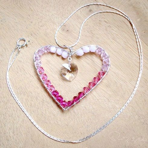 Pink Heart Necklace, Swarovski Silver Heart Necklace