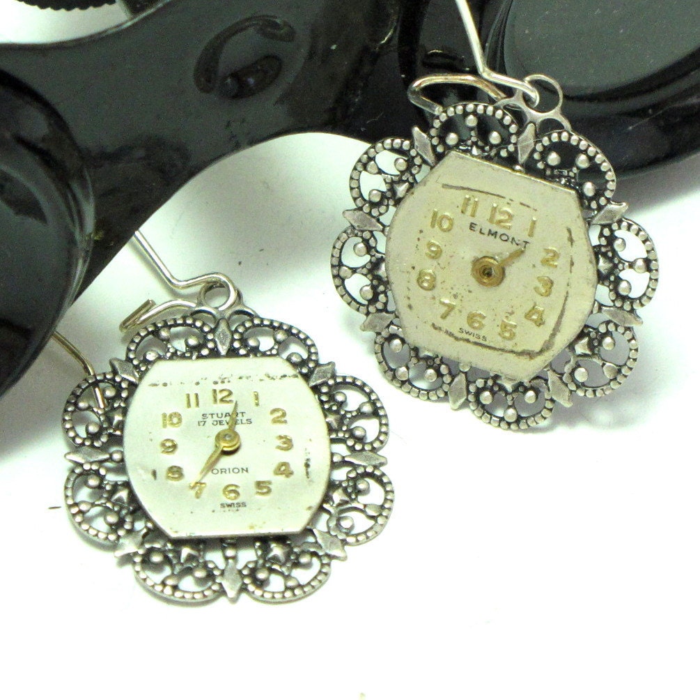 Sweet Filigree Steampunk Earrings Vintage Watch Dial Faces Exclusive Design by Mystic Pieces