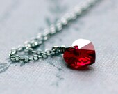 Little Heart Necklace - Red Swarovski Crystal Heart on Oxidized Sterling Silver Heart Jewelry Under 50