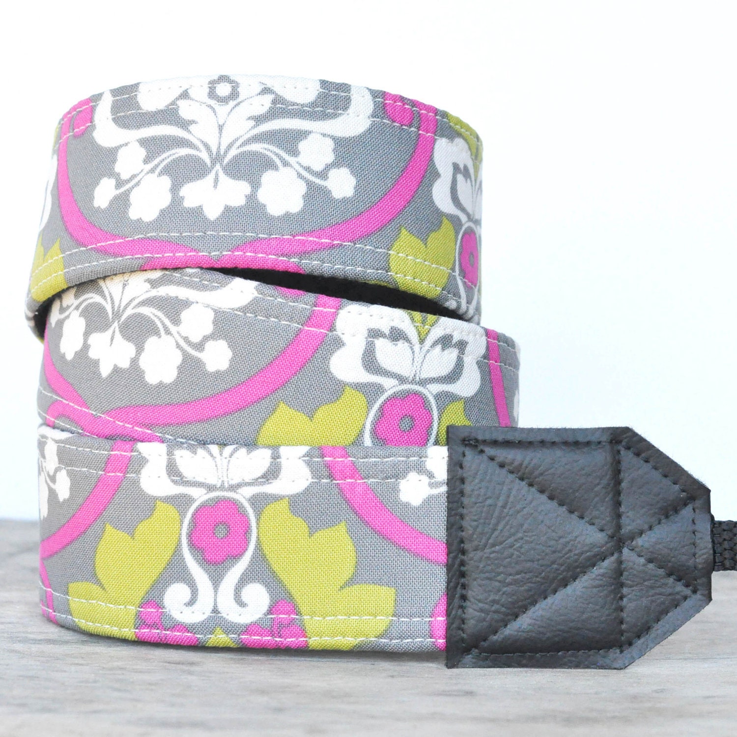 Unique Camera Strap - Pink Green and Grey (Gray) Damask